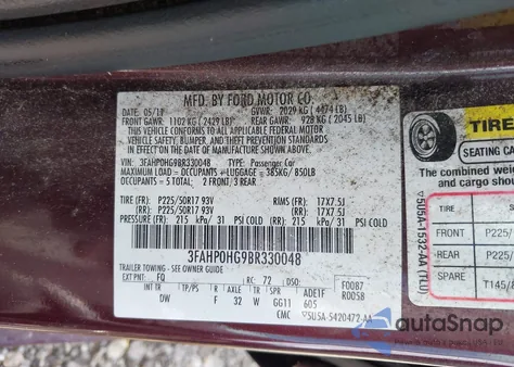 2011 Ford Fusion Se z USA, uszkodzony, nr VIN 3FAHP0HG9BR330048